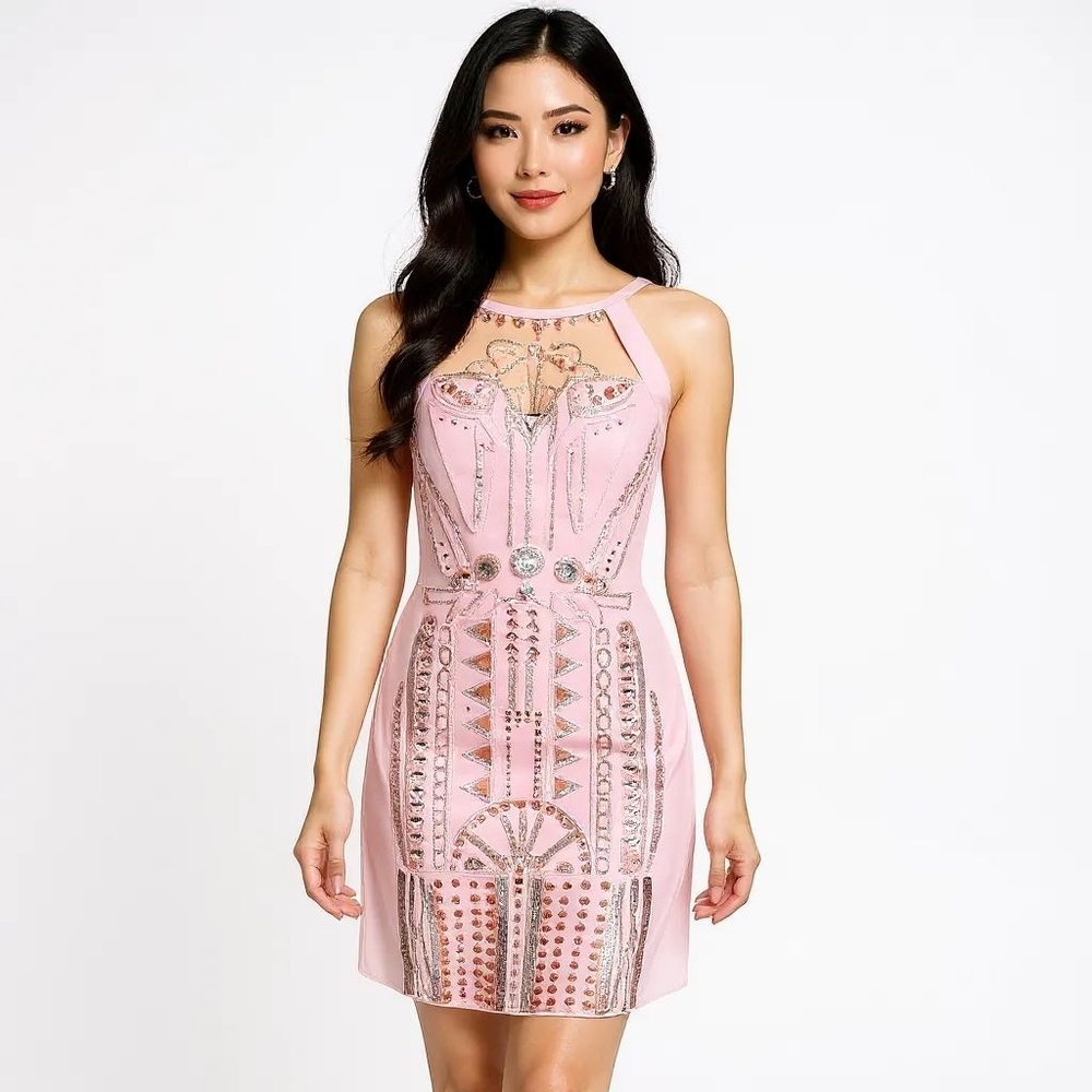 Mignon Pink Super Feminine Beaded Embellished Formal Midi Cocktail Dress, Size 2